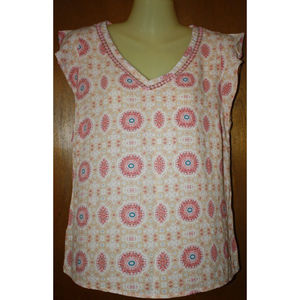 Skies Are Blue Women's Top SS Crochet inset Sz S Orange Yellow Print Summer